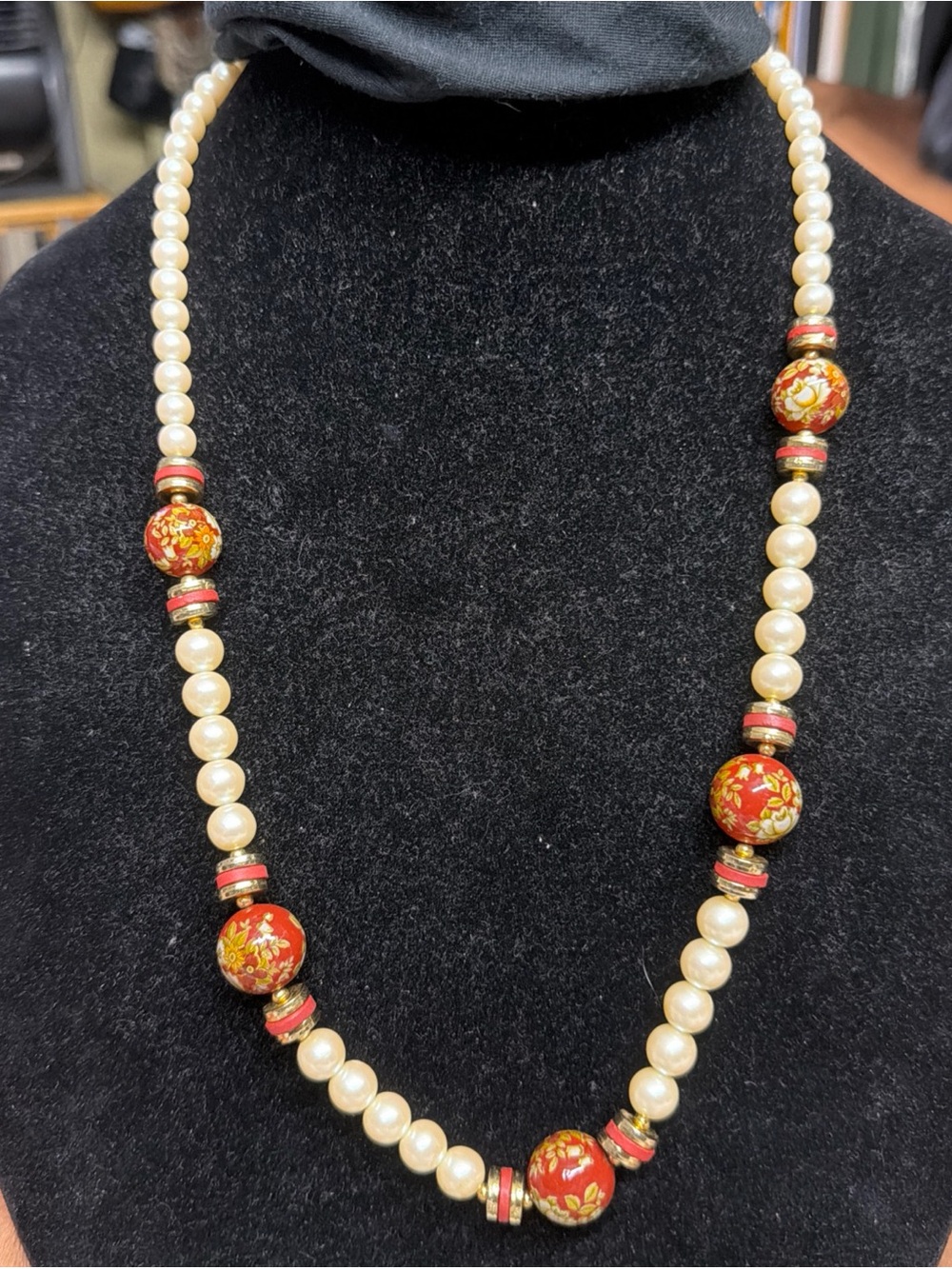 Faux Classic Pearl Necklace Red Floral accent Beads Japan signed 28”